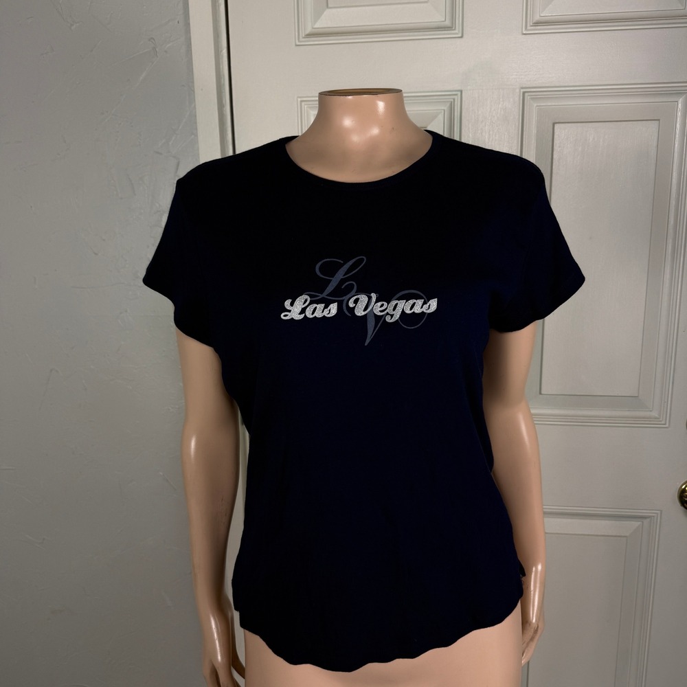 Vintage Y2K Shirt Las Vegas Cotton Baby Tee Knit XL Navy Blue Crew neck I4-25